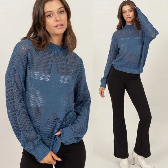 Brooke Star Pattern Open-Stich Sweater | Women's Blue Top | Trendy Style - Picture 1 of 8